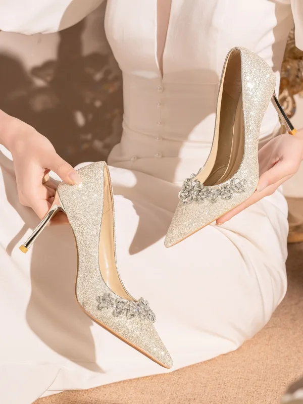 Charmant Weiß Strass Pailletten Brautschuhe 2026 Leder 8 cm Stilettos Spitzschuh Hochzeit Pumps Hochhackige