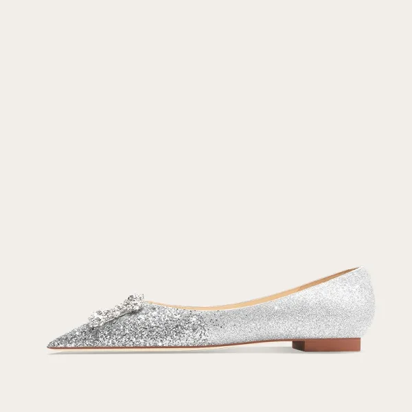 Sparkly Silver Rhinestone Sequins Flat Pointed Toe Wedding Shoes 2024