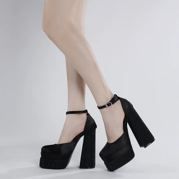 Chic / Belle Noire Soirée Sandales Femme 2023 Bride Cheville Imperméables 14 cm Faux Diamant Talons Aiguilles Pied Carré Sandales Talons Hauts