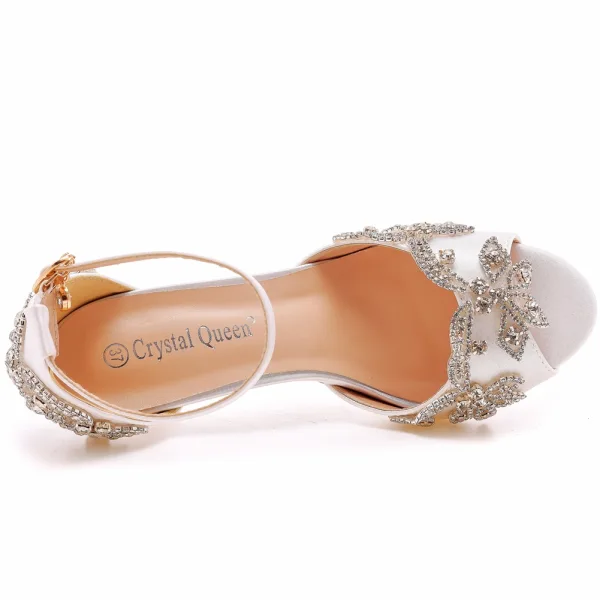 Charmant Weiß Strass Brautschuhe 2023 7 cm Stilettos Peeptoes Hochzeit Sandaletten Hochhackige