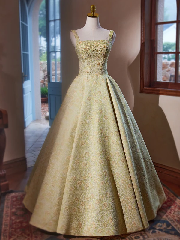 Chic / Beautiful Green Beading Printing Prom Dresses 2024 Ball Gown Square Neckline Sleeveless Backless Floor-Length / Long Prom Formal Dresses