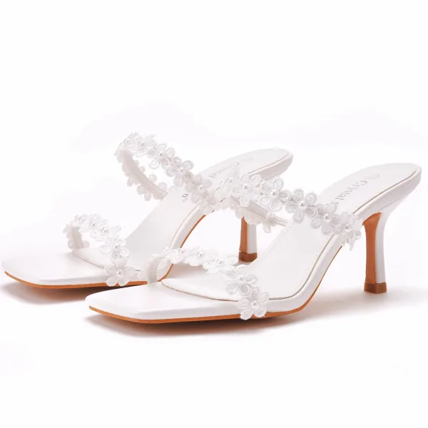 Sexy White Pearl Lace Flower Street Wear Womens Sandals 2023 7 cm Stiletto Heels Open / Peep Toe Sandals High Heels