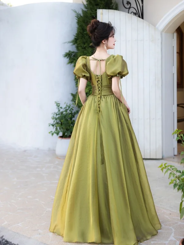 Chic / Belle Vert Cendré Robe De Bal 2025 Princesse V-Cou Gonflée Manches Courtes Dos Nu Longue Robe De Ceremonie