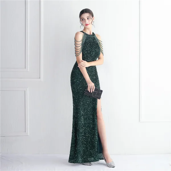 Sexy Doré Perlage Paillettes Fendue devant Robe De Soirée 2024 Trompette / Sirène Encolure Dégagée Sans Manches Dos Nu Longue Soirée Robe De Ceremonie