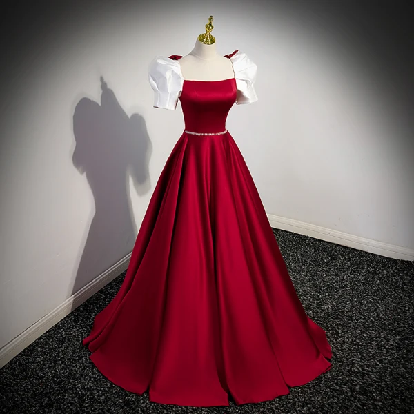 Elegant Burgundy Satin Prom Dresses 2023 A-Line / Princess Square Neckline Puffy Short Sleeve Backless Bow Floor-Length / Long Prom Formal Dresses