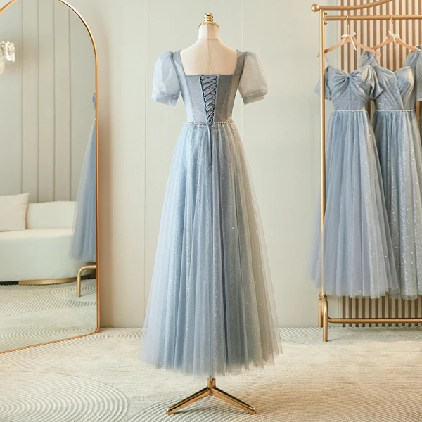 Chic / Belle Gris Perlage Faux Diamant Paillettes Robe Demoiselle D'honneur 2023 Princesse Encolure Carrée Manches Courtes Dos Nu Longue