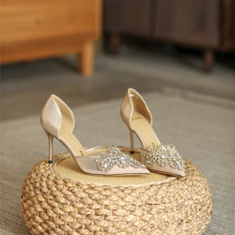 Chic Belle Doré Faux Diamant Chaussure De Mariée 2022 7 Cm Talons Aiguilles À Bout Pointu Mariage Chaussures Femmes Talons Hauts