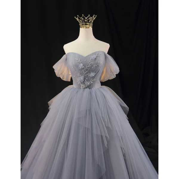 Chic / Beautiful Grey Sky Blue Beading Pearl Prom Dresses 2023 Ball Gown Off-The-Shoulder Short Sleeve Backless Floor-Length / Long Prom Formal Dresses