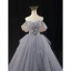 Chic / Beautiful Grey Sky Blue Beading Pearl Prom Dresses 2023 Ball Gown Off-The-Shoulder Short Sleeve Backless Floor-Length / Long Prom Formal Dresses