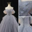 Chic / Beautiful Grey Sky Blue Beading Pearl Prom Dresses 2023 Ball Gown Off-The-Shoulder Short Sleeve Backless Floor-Length / Long Prom Formal Dresses