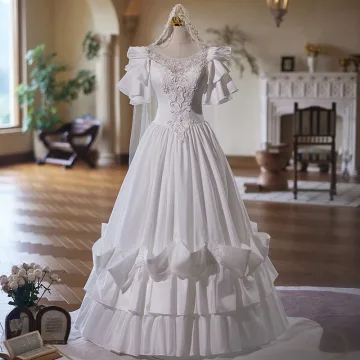 Vintage Retro Medieval White Pearl Lace Flower Wedding Dresses 2025 Ball Gown Scoop Neck Short Sleeve Backless Floor Length Long Wedding