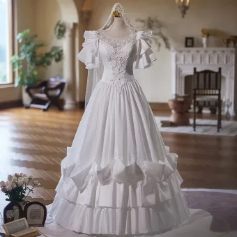 Vintage Medieval Blanco Perla Con Encaje Flor Vestidos De Novia 2025 Ball Gown Scoop Escote Manga Corta Sin Espalda Largos Boda