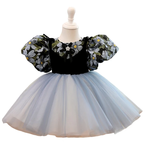 Chic / Beautiful Black Printing Birthday Short Flower Girl Dresses 2023 Ball Gown Scoop Neck Puffy Short Sleeve Tulle