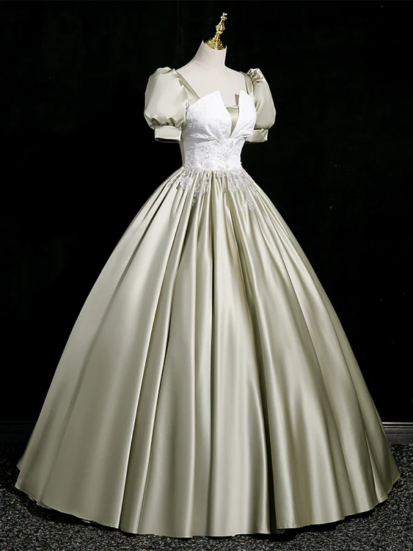 Elegant Sage Green Beading Sequins Lace Flower Prom Dresses 2024 Ball Gown Square Neckline Puffy Short Sleeve Backless Floor-Length / Long Prom Formal Dresses