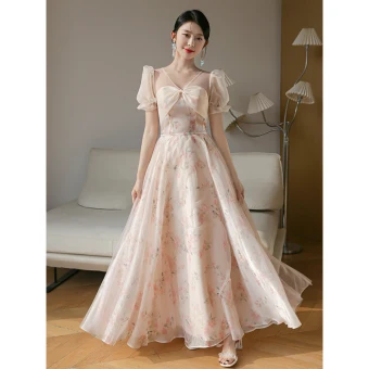 Chic Beautiful Blushing Pink Bow Printing Bridesmaid Dresses 2023 A Line Princess Short Sleeve Backless Floor Length Long Bridesmaid Dresses