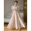 Chic / Beautiful Blushing Pink Bow Printing Bridesmaid Dresses 2023 A-Line / Princess Short Sleeve Backless Floor-Length / Long Bridesmaid Dresses