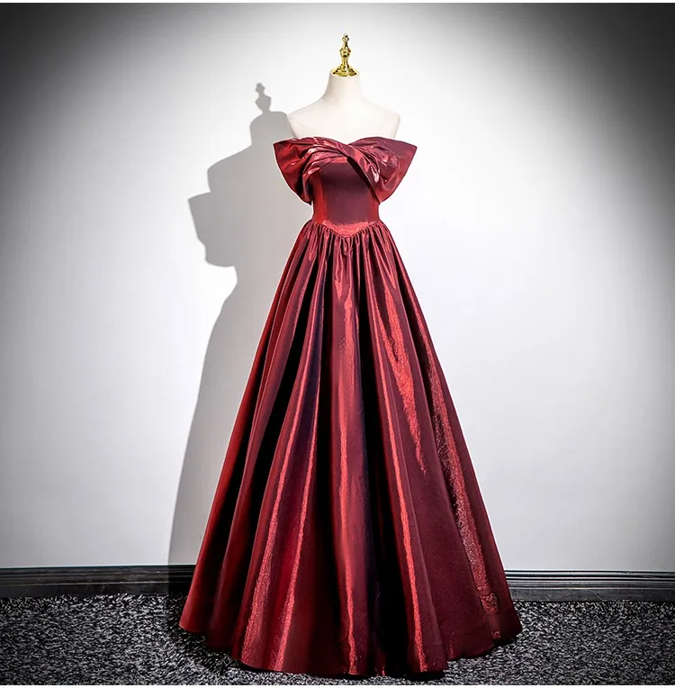 Minimalist Burgundy Prom Dresses 2025 A Line Princess Off The Shoulder Short Sleeve Backless Floor Length Long Prom Formal Dresses Minimalist Burgundy Prom Dresses 2025 A Line Princess Off The Shoulder Short Sleeve Backless Floor Length Long Prom Formal Dresses