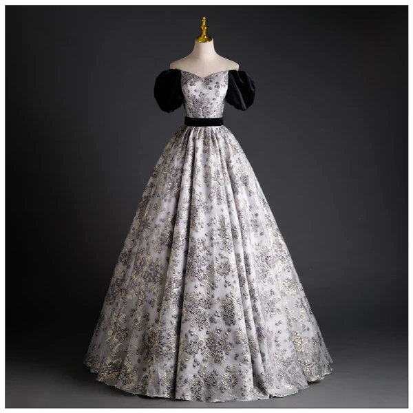 Elegant Black Printing Prom Dresses 2023 Ball Gown Off-The-Shoulder Puffy Short Sleeve Backless Bow Floor-Length / Long Prom Formal Dresses