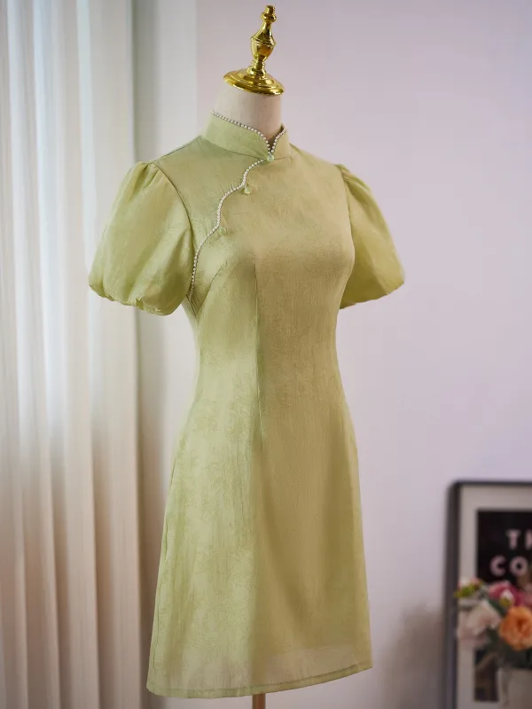 Chinese style Sage Green Knee-Length Cheongsam 2024 Trumpet / Mermaid High Neck Short Sleeve