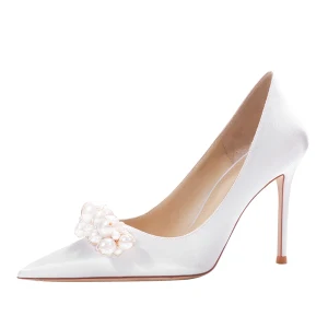 Chic Belle Blanche Perle Chaussure De Mariée 2024 Cuir 10 Cm Talons Aiguilles À Bout Pointu Mariage Escarpins Talons Hauts