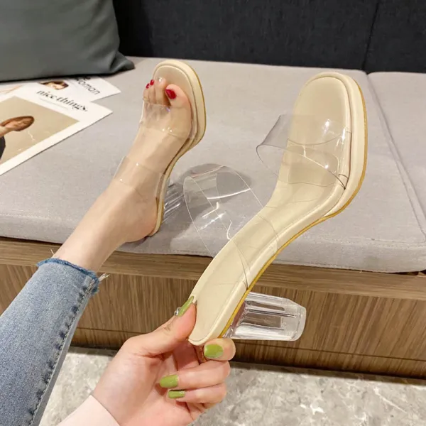 Summer Transparent Beige Street Wear Crystal Womens Sandals 2022 9 cm Thick Heels Open / Peep Toe Sandals High Heels