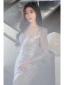 Sexy Gris Glitter Paillettes Fendue devant Robe De Soirée 2024 Trompette / Sirène Encolure Carrée Manches Longues Dos Nu Longue Soirée Robe De Ceremonie