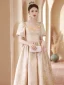 Chic / Beautiful Champagne Pearl Appliques Glitter Prom Dresses 2024 A-Line / Princess Square Neckline Puffy Short Sleeve Backless Floor-Length / Long Prom Formal Dresses