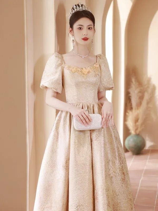 Élégant Champagne Paillettes Robe De Bal 2024 Princesse Encolure Carrée Manches Courtes Dos Nu Longue Promo Robe De Ceremonie