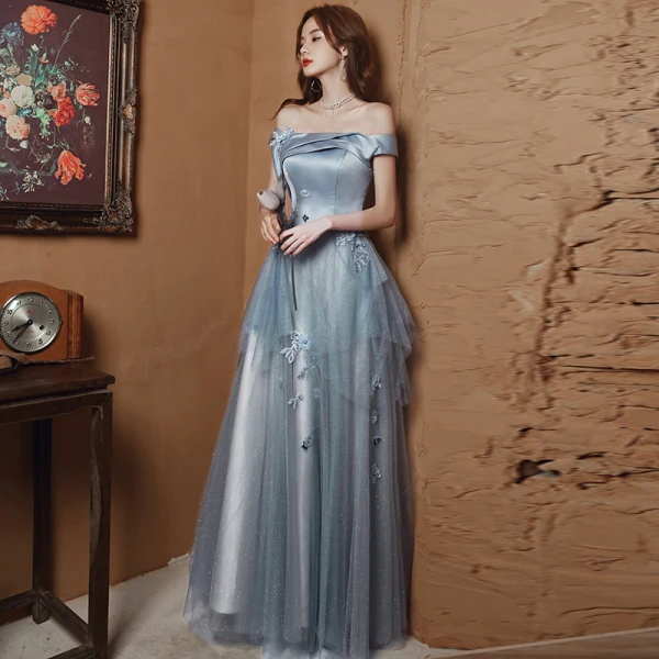 Charming Grey Beading Flower Lace Evening Dresses 2023 A-Line / Princess Off-The-Shoulder Sleeveless Backless Floor-Length / Long Evening Party Formal Dresses