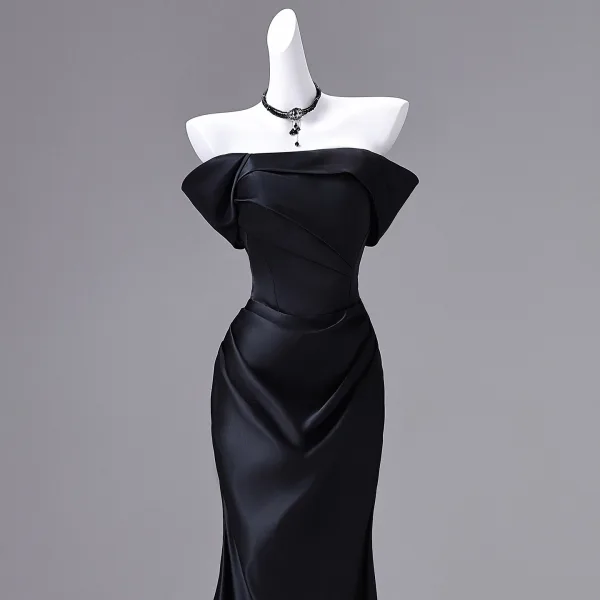 Style Audrey Hepburn Noire Robe De Soirée 2026 Trompette / Sirène De l'épaule Manches Courtes Dos Nu Train De Balayage Robe De Ceremonie