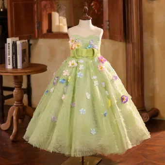 Chic Beautiful Sage Green Appliques Ruffle Birthday Flower Girl Dresses 2025 Ball Gown Scoop Neck Sleeveless Backless Bow Sash Tea Length