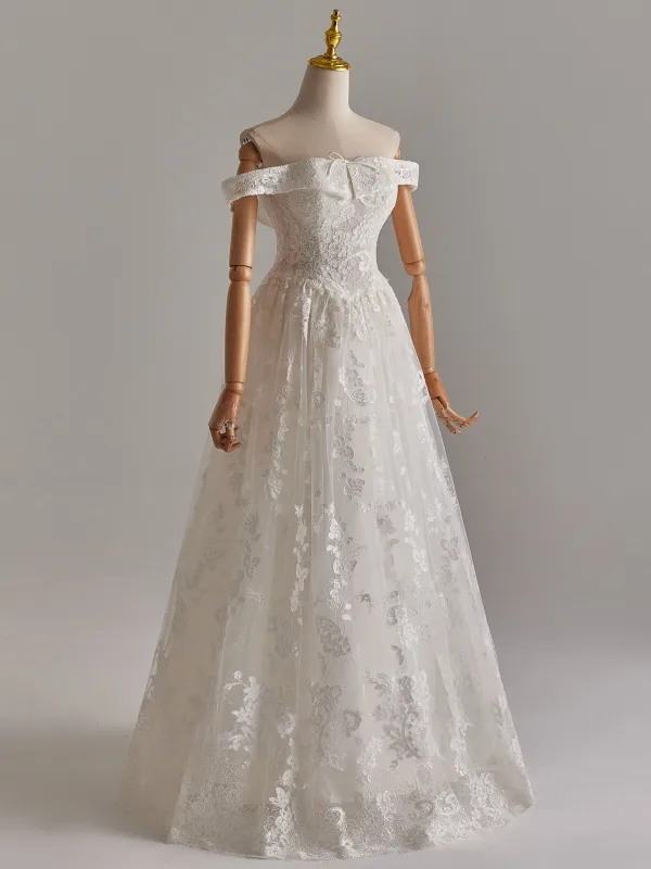 Schlicht Weiß Spitze Blumen Brautkleider / Hochzeitskleider 2025 A Linie Off Shoulder Ärmellos Rückenfreies Lange