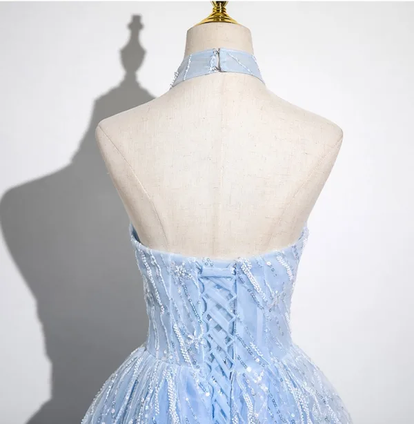 Bling Bling Himmelblau Perlenstickerei Pailletten Ballkleider 2025 A Linie Neckholder Ärmellos Rückenfreies Lange Ball Festliche Kleider