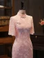 Chic / Beautiful Blushing Pink Lace Flower Silk Evening Party Cheongsam 2024 Trumpet / Mermaid High Neck Short Sleeve Tea-length