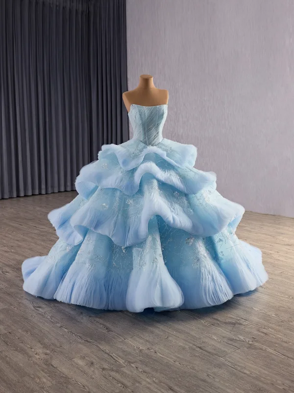 Luxury / Gorgeous Sky Blue Beading Cascading Ruffles Pearl Sequins Prom Dresses 2025 Ball Gown Strapless Sleeveless Backless Sweep Train Formal Dresses
