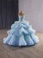 Luxury / Gorgeous Sky Blue Beading Cascading Ruffles Pearl Sequins Prom Dresses 2025 Ball Gown Strapless Sleeveless Backless Sweep Train Formal Dresses