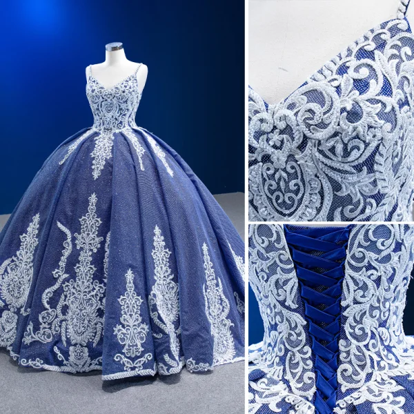 High-end Ocean Blue Glitter Beading Lace Flower Prom Dresses 2023 Ball Gown Spaghetti Straps Sleeveless Backless Floor-Length / Long Prom Formal Dresses