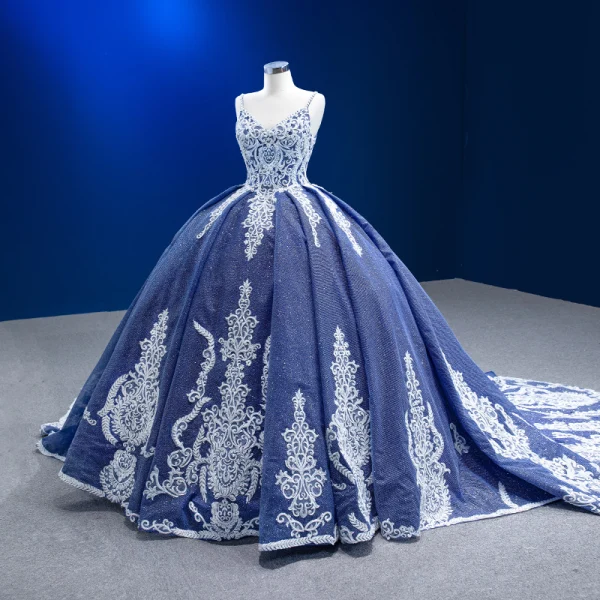 High-end Ocean Blue Glitter Beading Lace Flower Prom Dresses 2023 Ball Gown Spaghetti Straps Sleeveless Backless Floor-Length / Long Prom Formal Dresses