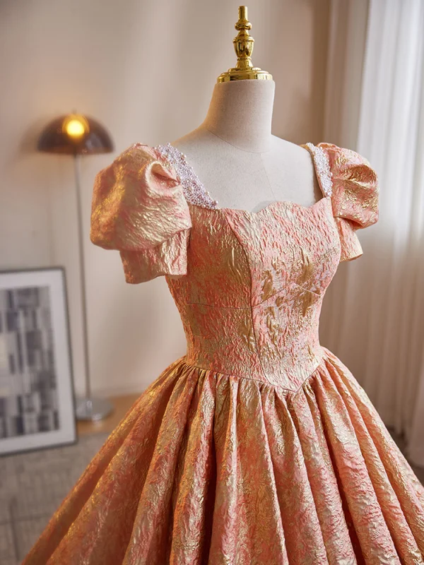 Fashion Orange Prom Dresses 2023 Ball Gown Square Neckline Short Sleeve Backless Floor-Length / Long Prom Formal Dresses