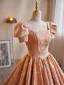 Chic / Beautiful Orange Beading Prom Dresses 2024 Ball Gown Square Neckline Puffy Short Sleeve Backless Floor-Length / Long Prom Formal Dresses
