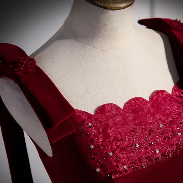 Chic / Beautiful Burgundy Suede Prom Dresses 2022 A-Line / Princess Square Neckline Sleeveless Backless Rhinestone Floor-Length / Long Prom Formal Dresses