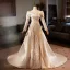 Vintage / Retro Champagne Satin Wedding Dresses 2024 Trumpet / Mermaid V-Neck Long Sleeve Backless Sweep Train Wedding