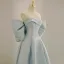 Fashion Sky Blue Satin Prom Dresses 2023 A-Line / Princess Off-The-Shoulder Bow Short Sleeve Backless Sweep Train Formal Dresses