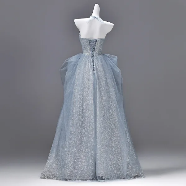 Bling Bling Himmelblau Strass Pailletten Applikationen Ballkleider 2026 A Linie Off Shoulder Kurze Ärmel Rückenfreies Lange Festliche Kleider