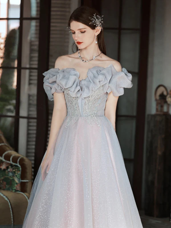 Chic / Belle Gris Paillettes Robe De Bal 2022 Princesse De l'épaule Volants Manches Courtes Dos Nu Longue Promo Robe De Ceremonie