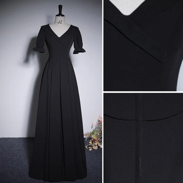 Chic / Belle Noire Robe De Soirée 2023 Princesse V-Cou Manches Courtes Longue Soirée Robe De Ceremonie