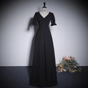 Chic Belle Noire Robe De Soirée 2023 Princesse V Cou Manches Courtes Longue Soirée Robe De Ceremonie