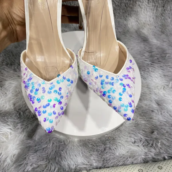 Charming Royal Blue Sequins Evening Party Womens Sandals 2022 12 cm Stiletto Heels Ankle Strap Pointed Toe Womens Shoes High Heels