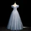 Chic / Belle Bleu Ciel Perlage Paillettes Appliques Robe De Bal 2023 Princesse De l'épaule Noeud Ceinture Sans Manches Dos Nu Longue Promo Robe De Ceremonie
