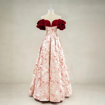 Elegantes Borgoña Impresión Vestidos De Gala 2023 A Line Princess Fuera Del Hombro Ruffle Manga Corta Sin Espalda Largos Gala Vestidos Formales